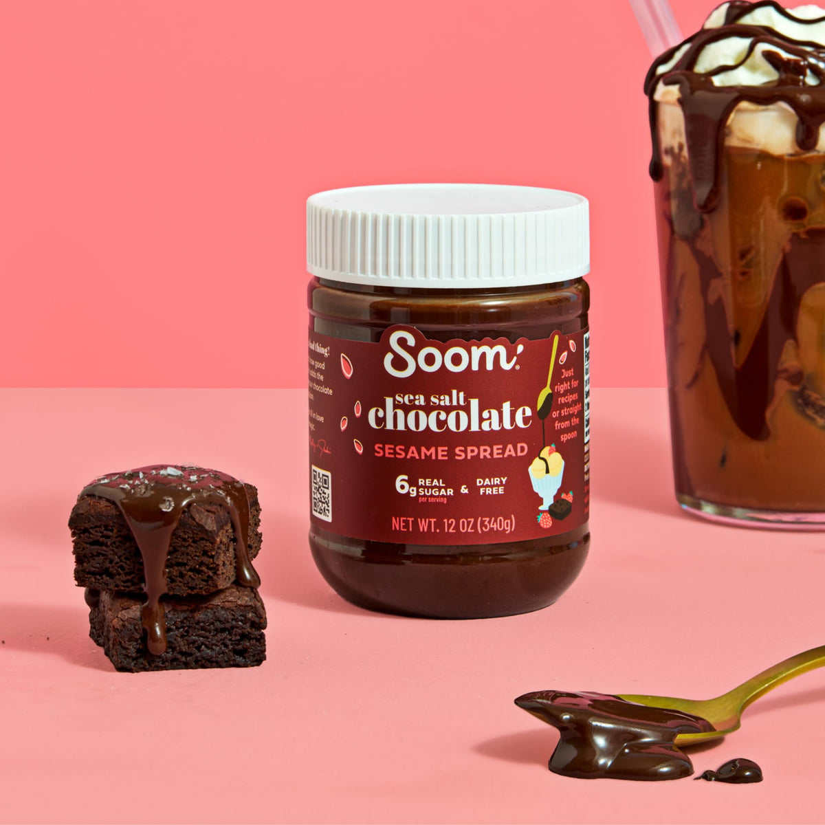 Ingredients close-up featuring tahini and cocoa as core flavors