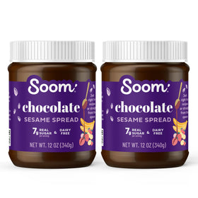 Soom Foods Chocolate Tahini Spread bottle with rich aroma, ideal for drizzle