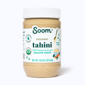 Soom Foods Organic Tahini 16oz jar front view, rich nutty flavor for hummus and dressings