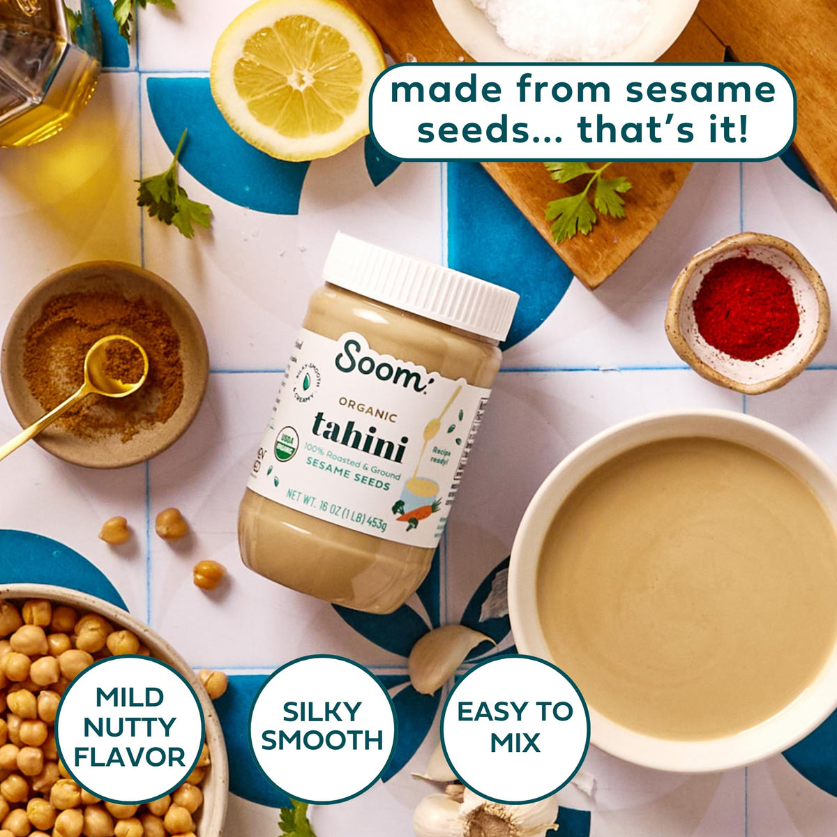 Soom Foods roasted sesame seeds closeup, premium paste quality for sauces