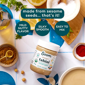Soom Organic Tahini 11oz jar close-up, silky texture ideal for drizzling and blending.