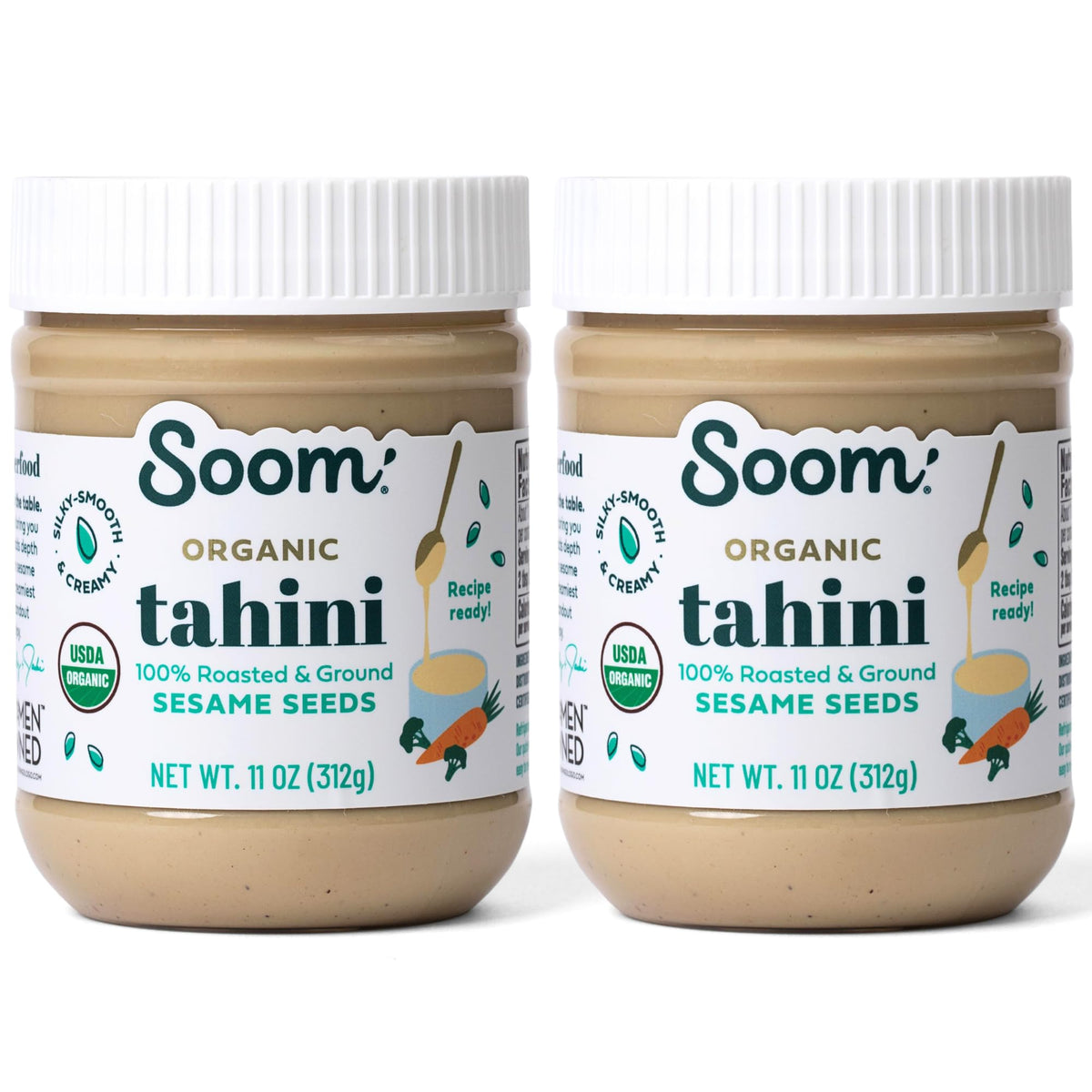 Soom Organic Tahini 11oz packaging close-up, premium sesame paste for versatile hummus and sauces.