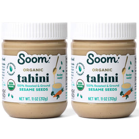 Soom Organic Tahini 11oz packaging close-up, premium sesame paste for versatile hummus and sauces.