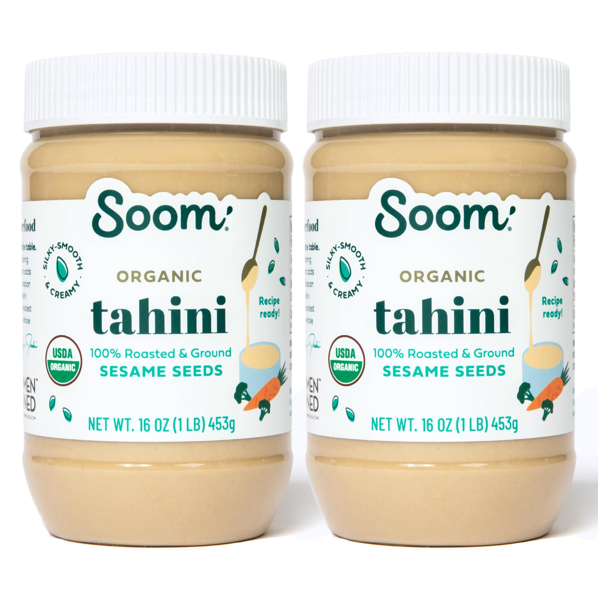 Soom Organic Tahini 2-pack bottle — creamy sesame paste for hummus and sauces.