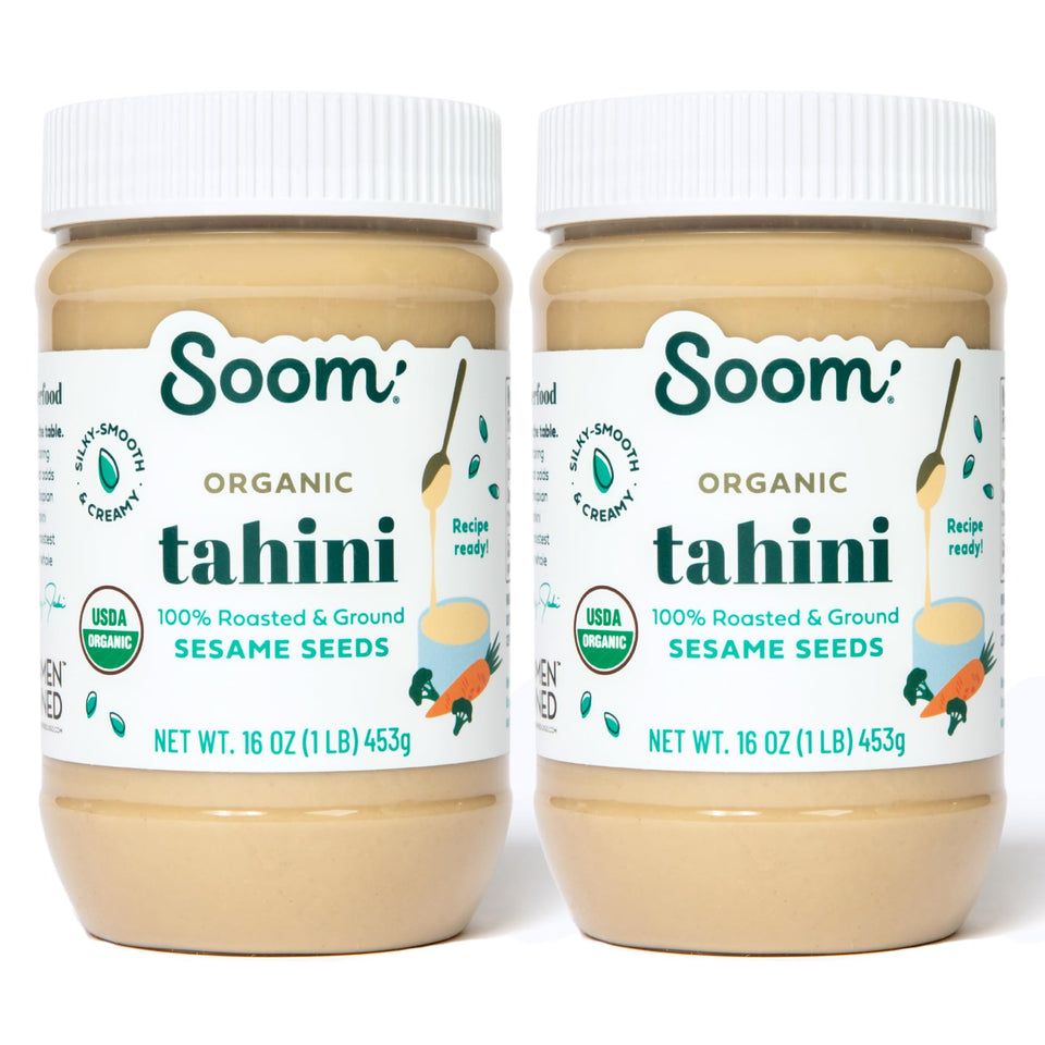 Soom Organic Tahini 2-pack bottle — creamy sesame paste for hummus and sauces.