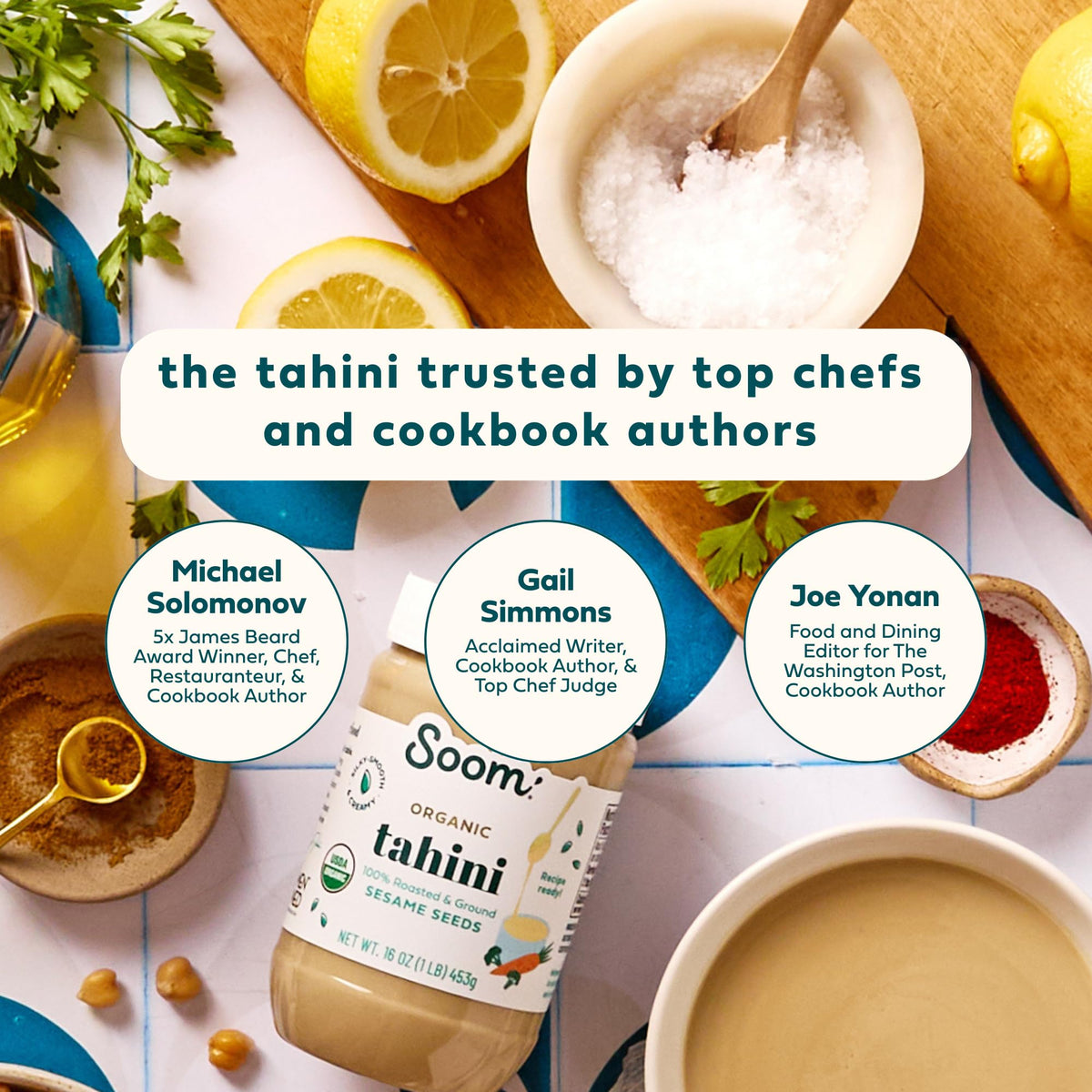 Soom Tahini dressing and sauce application with glossy finish.