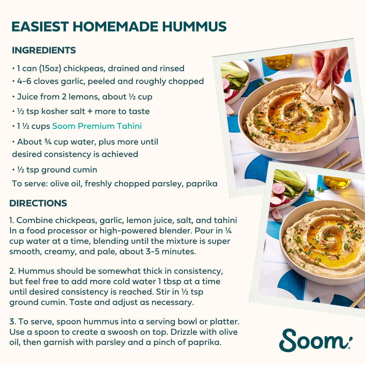 Soom Tahini hummus and dressing prep, smooth texture blends without clumps.