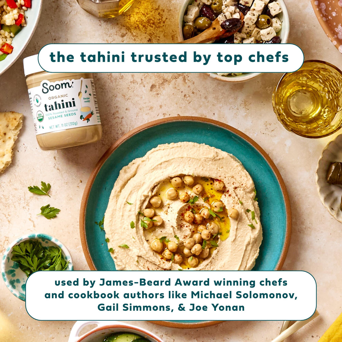 Soom Tahini spoon dip, creamy paste perfect for hummus and sauces.
