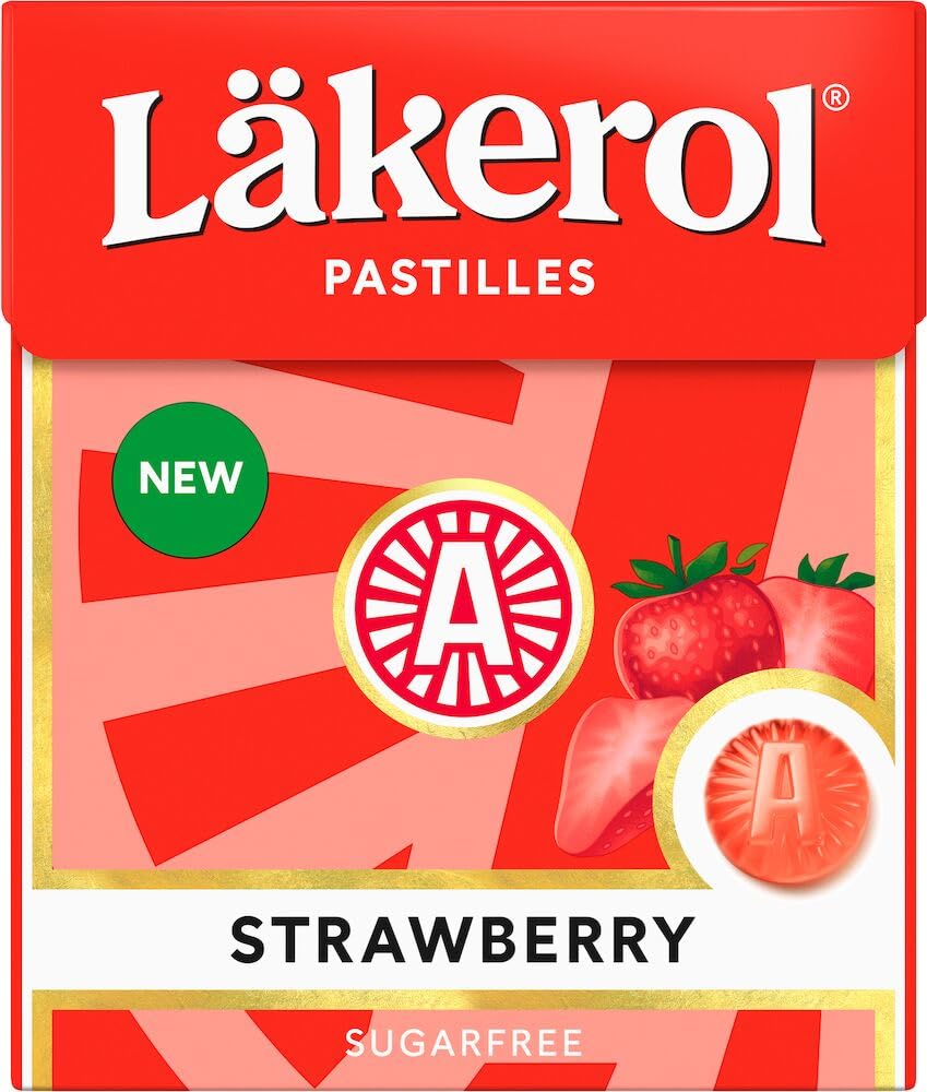 SÖPÖSÖPÖ Cloetta Lakerol Strawberry Pastilles packaging showing sugar-free strawberry flavor, convenient 25g portions.