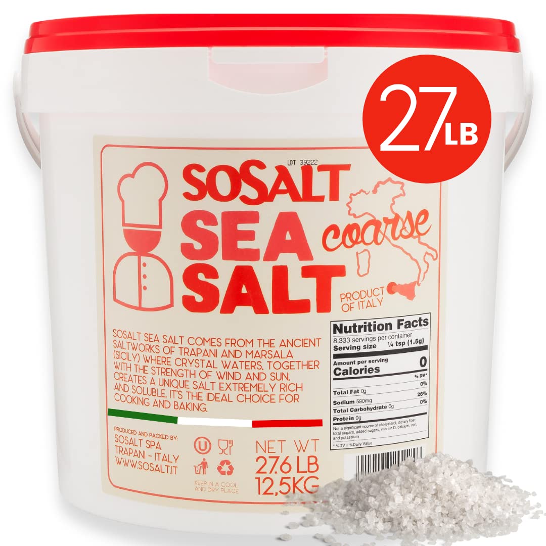 SOSALT Dal Mare di Trapani coarse sea salt shown in a bulk bucket for bulk cooking and brining.