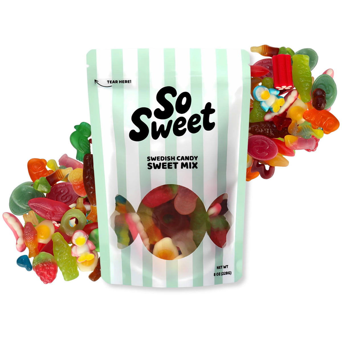 SoSweet Swedish Candy Mix 8oz bag with chewy gummies ideal for sharing.