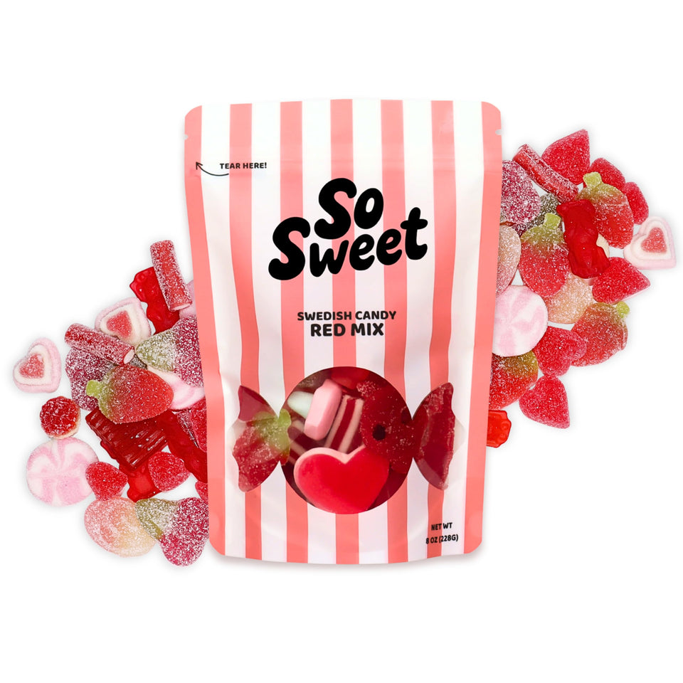 SoSweet Swedish Candy Red Mix jar shows juicy fruit flavors.