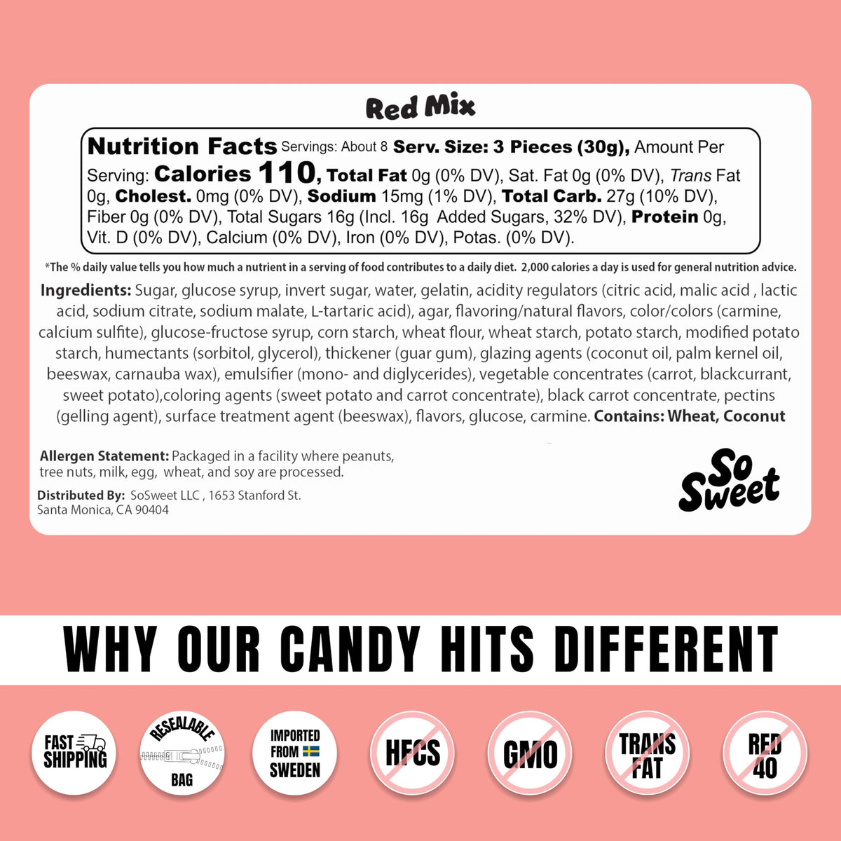 SoSweet Swedish Candy Red Mix assorted candies in a half-pound pack.