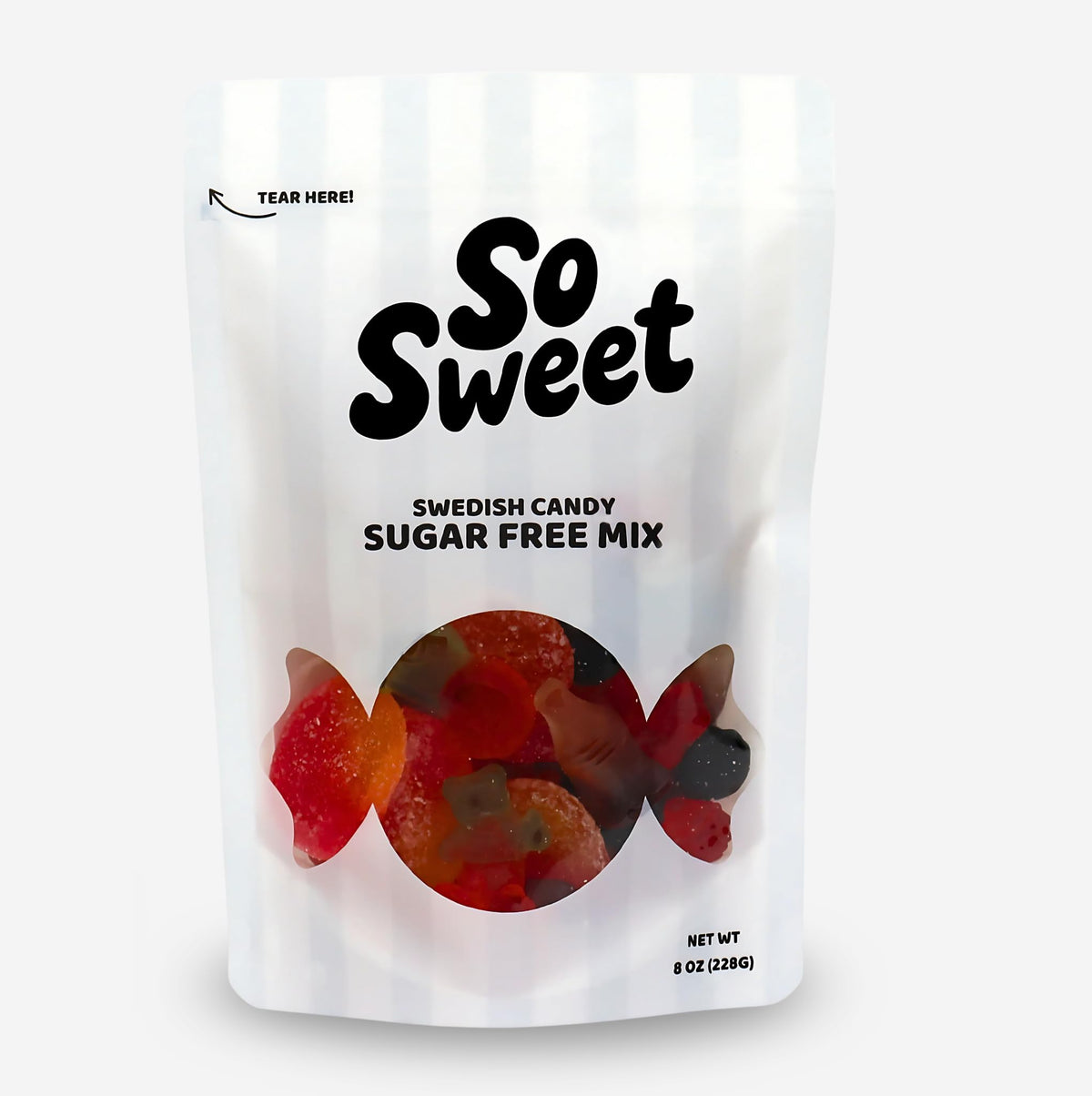 SoSweet Swedish Candy Sugar Free Mix close-up of chewy gummies with bright fruit flavors