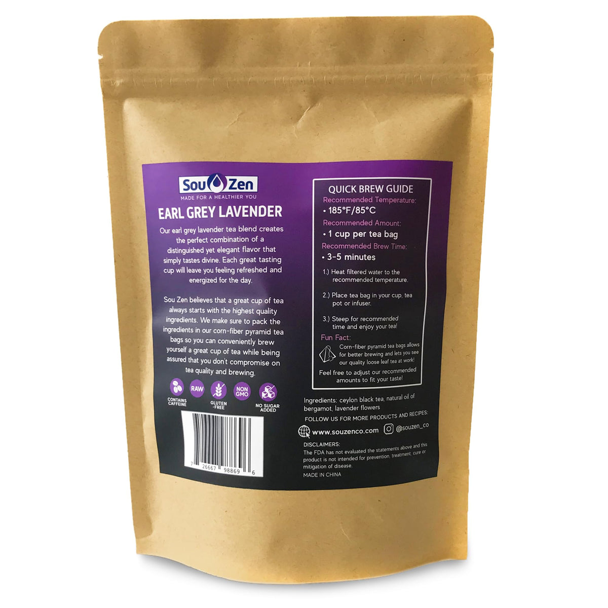 Sou Zen corn-fiber pyramid tea bags highlight eco-friendly packaging and quality.