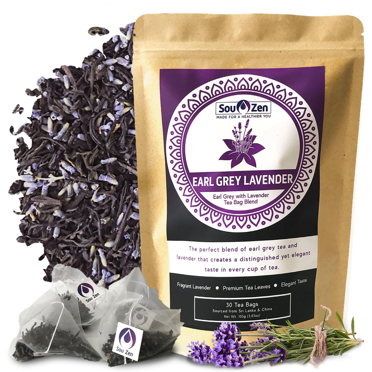 Sou Zen Earl Grey Lavender tea bags ready for a refined, aromatic brew.