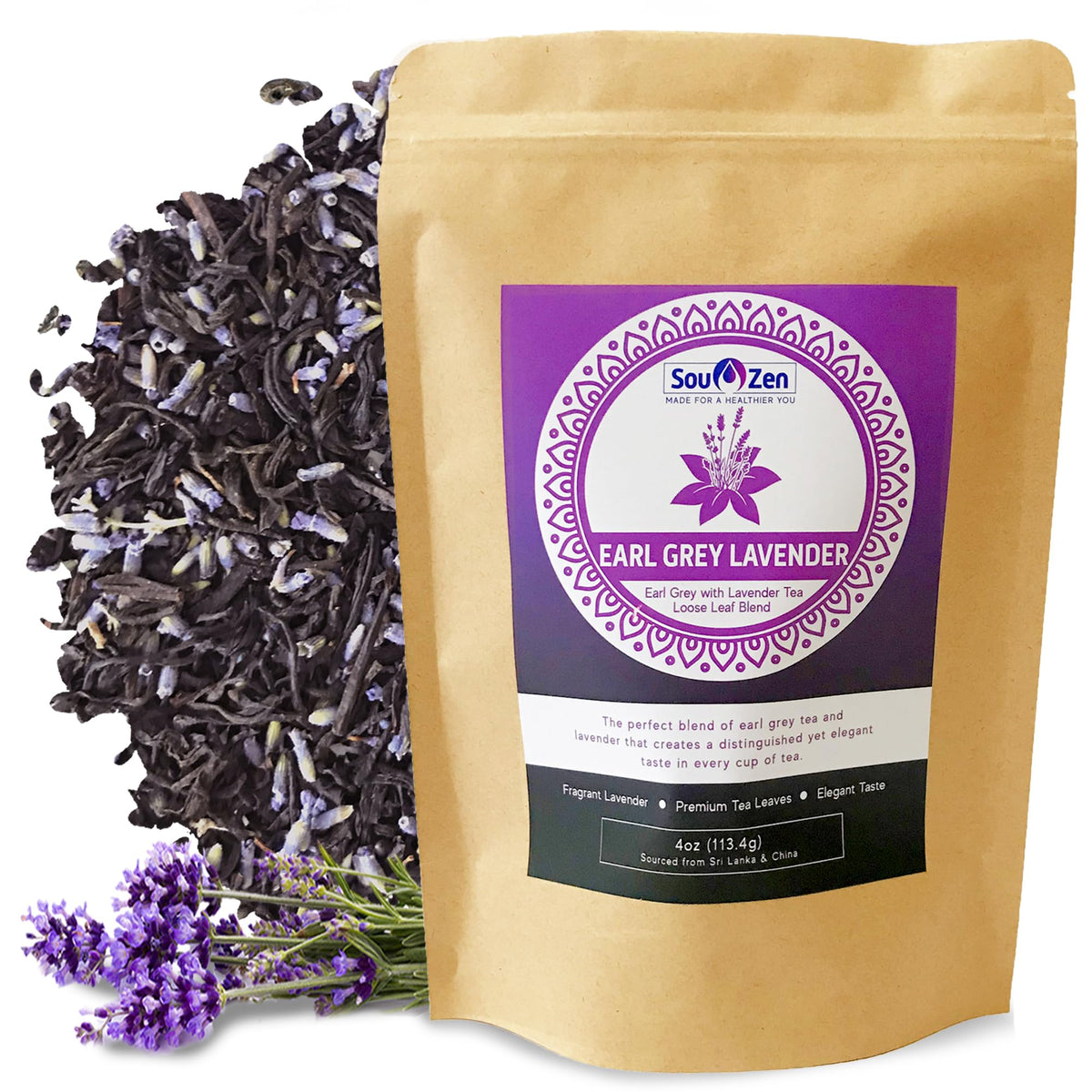 Sou Zen Earl Grey Lavender packaging highlights premium Ceylon tea and lavender aroma.