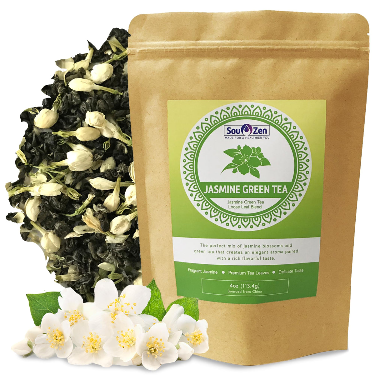 Sou Zen Jasmine Green Tea pack shot reveals freshness and aroma.
