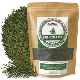 Sou Zen Pine Needle Tea leaves close-up with earthy aroma.
