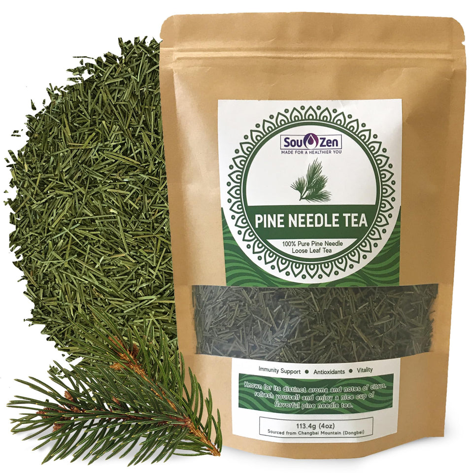 Sou Zen Pine Needle Tea leaves close-up with earthy aroma.