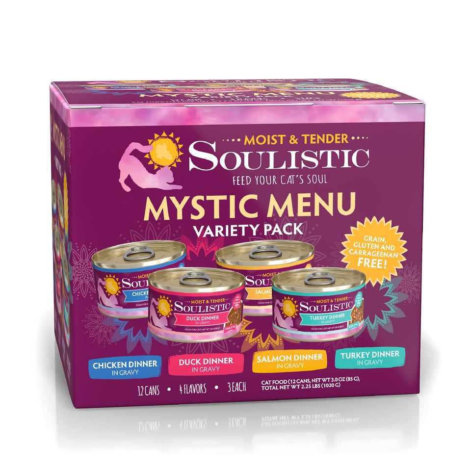 Soulistic Moist and Tender variety pack front view showing 12 cans for easy mealtime variety