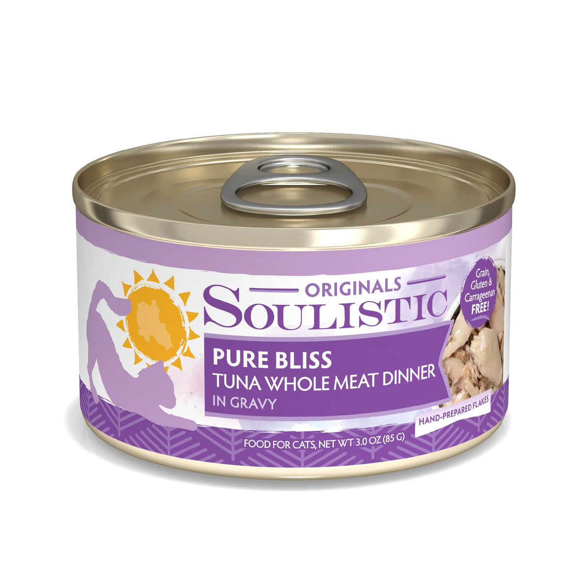 Soulistic Pure Bliss tuna dinner can close-up showing high-quality protein for adult cats.