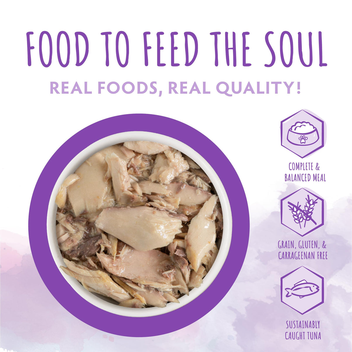 Soulistic Originals tuna dinner can shows natural moisture for hydrated, satisfied cats.
