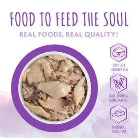 Soulistic Originals tuna dinner can shows natural moisture for hydrated, satisfied cats.