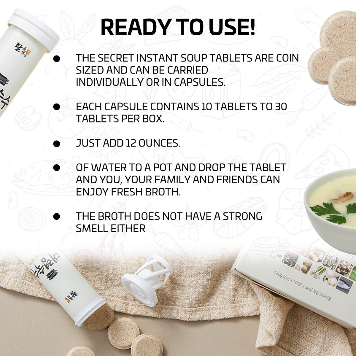SOUND OF SEOUL tablet dissolving in water, fast flavorful broth ready.