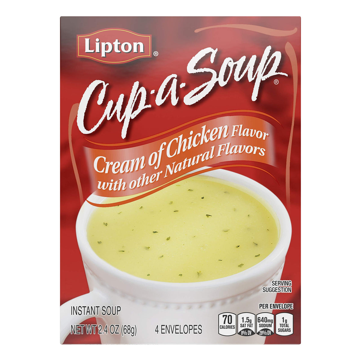 SOUP SECRETS Lipton Cup-a-Soup Cream of Chicken packaging front, quick comfort snack