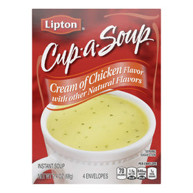 SOUP SECRETS Lipton Cup-a-Soup Cream of Chicken packaging front, quick comfort snack
