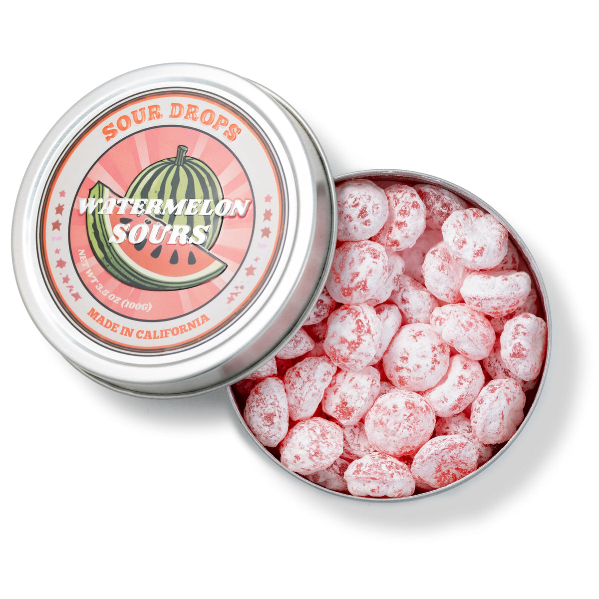 Handcrafted in California label on Sour Drops tin signals small-batch quality.