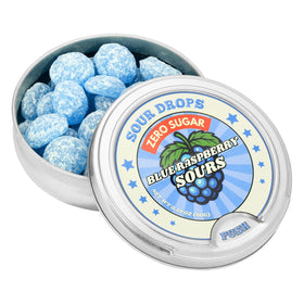 Sour Drops Blue Raspberry candy in tin for pantry-friendly snacking.