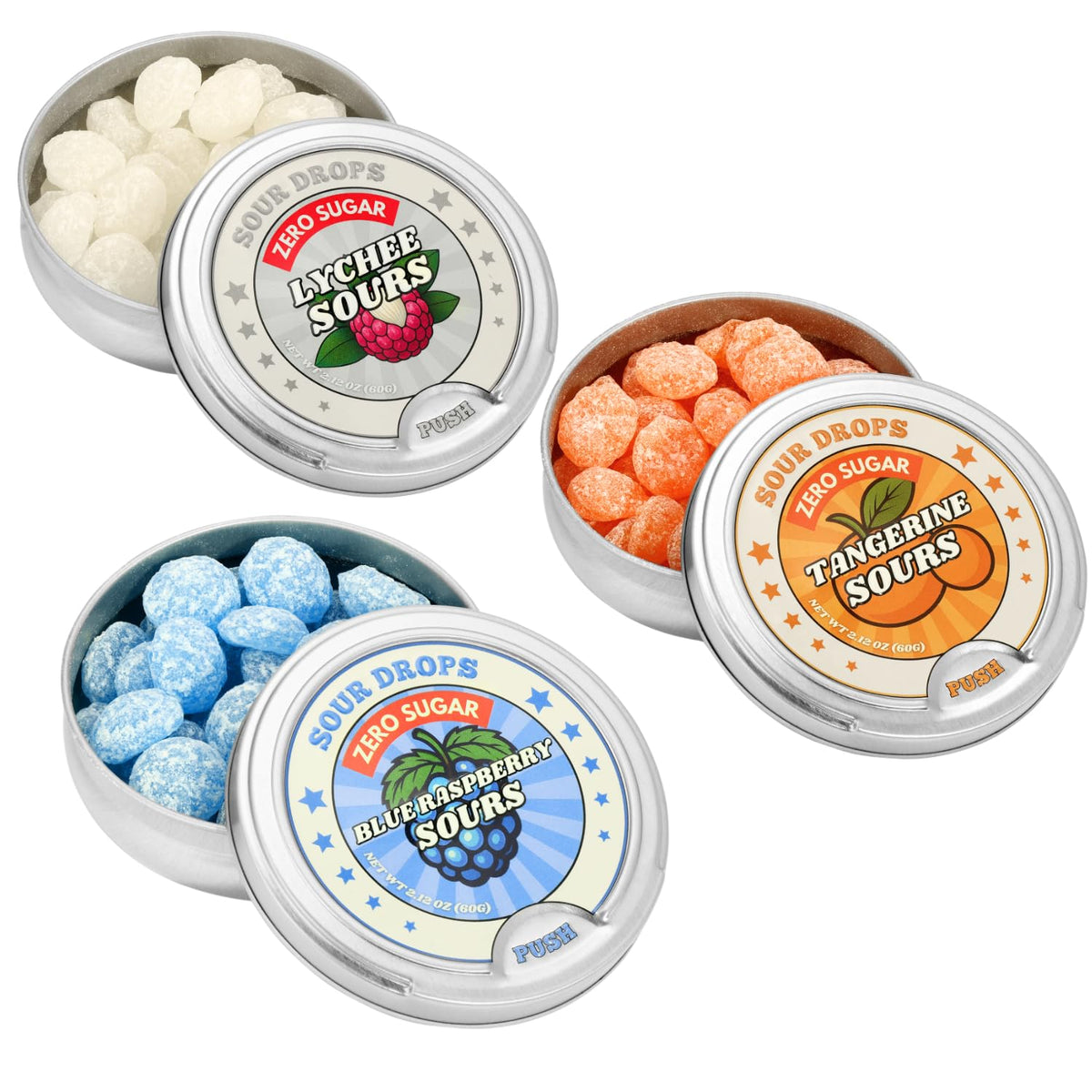 Sour Drops Tangerine candy in a tin for on-the-go tang.