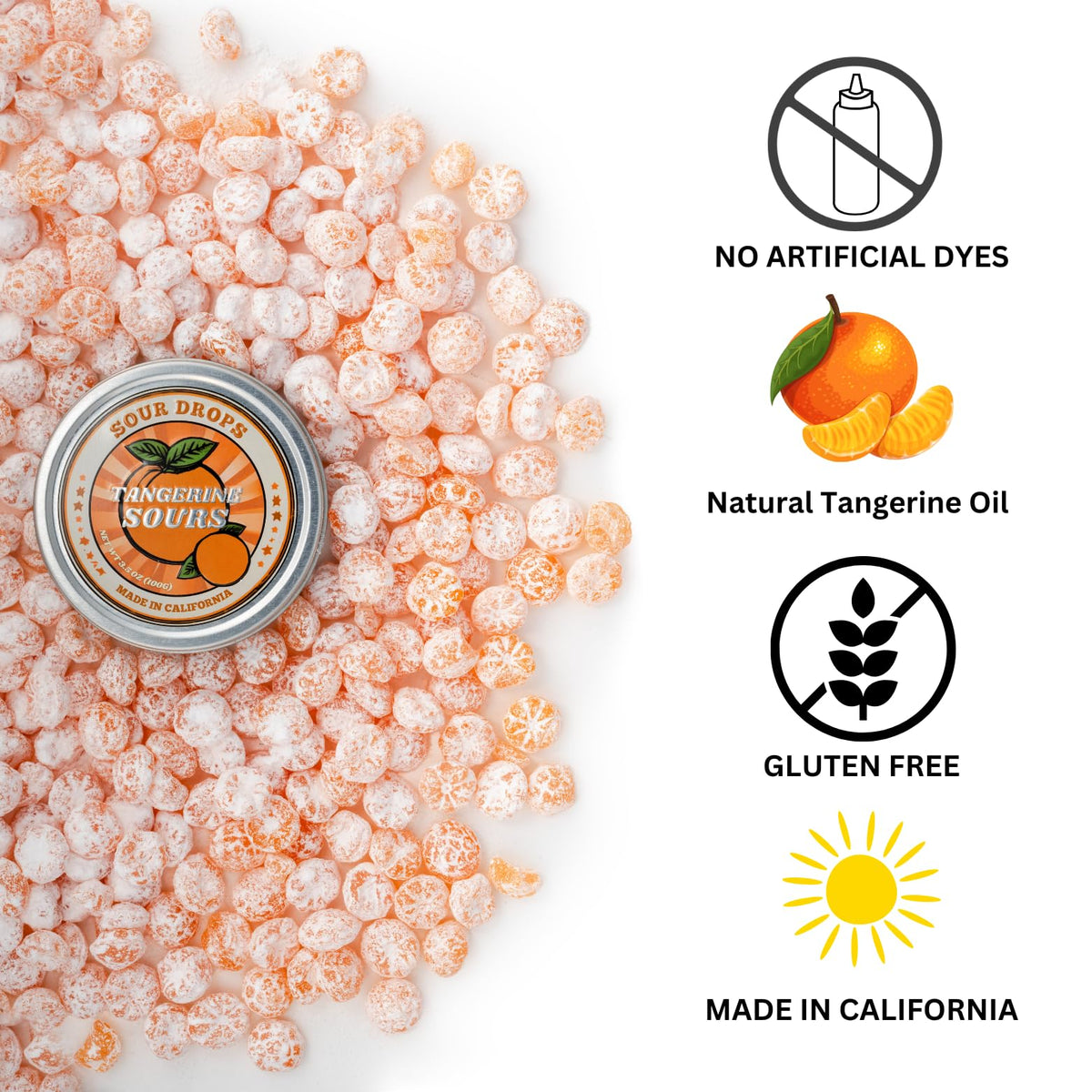 Sour Drops Tangerine hard candy closeup highlights glossy texture and tangy citrus flavor.