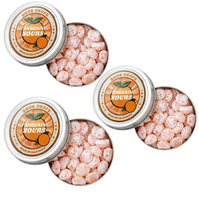 Sour Drops Tangerine hard candy packaging showcases vibrant color and convenient three-tin gift set.