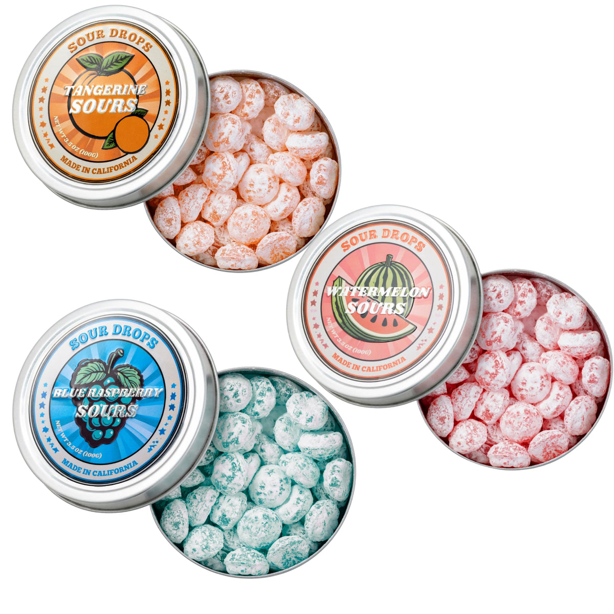 Sour Drops Tangerine tin front highlights bold sour coating with a sweet center.