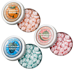 Sour Drops Tangerine tin front highlights bold sour coating with a sweet center.