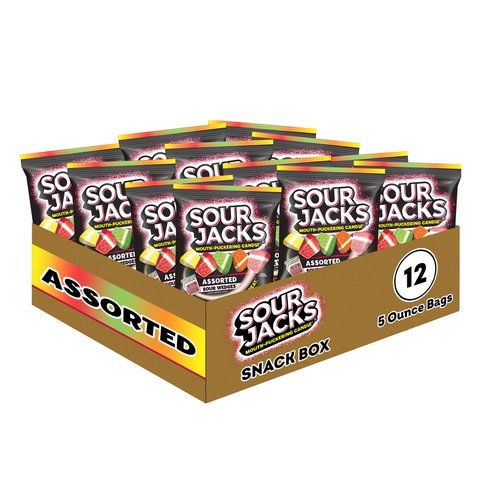 Sour Jacks 12-pack 5oz bags for on-the-go snacking.