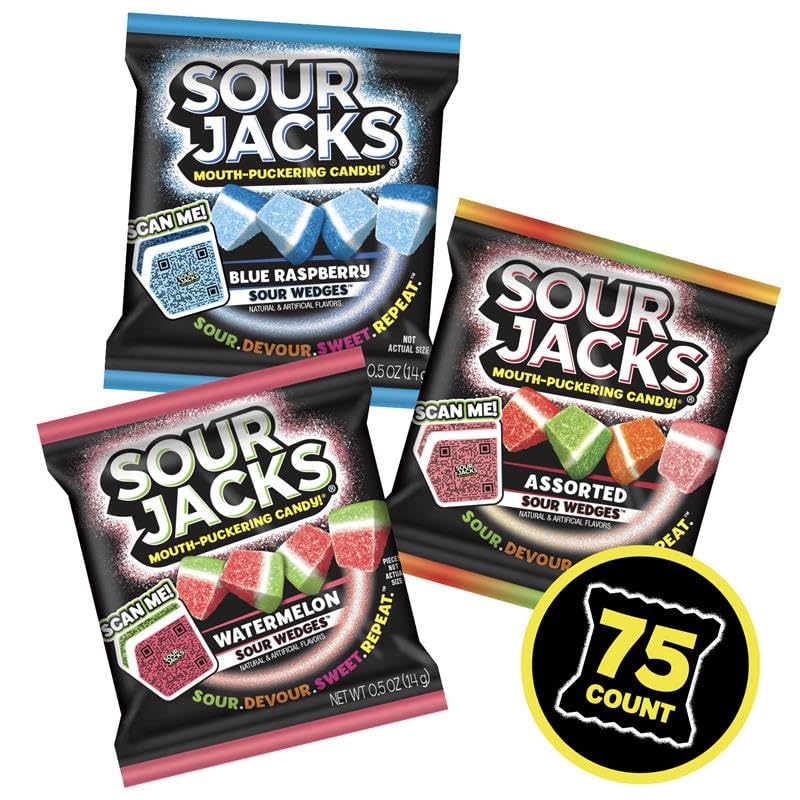 Sour Jacks Blue Raspberry pouch close-up highlights chewy texture for snacking.