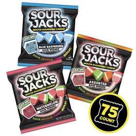Sour Jacks Blue Raspberry pouch close-up highlights chewy texture for snacking.