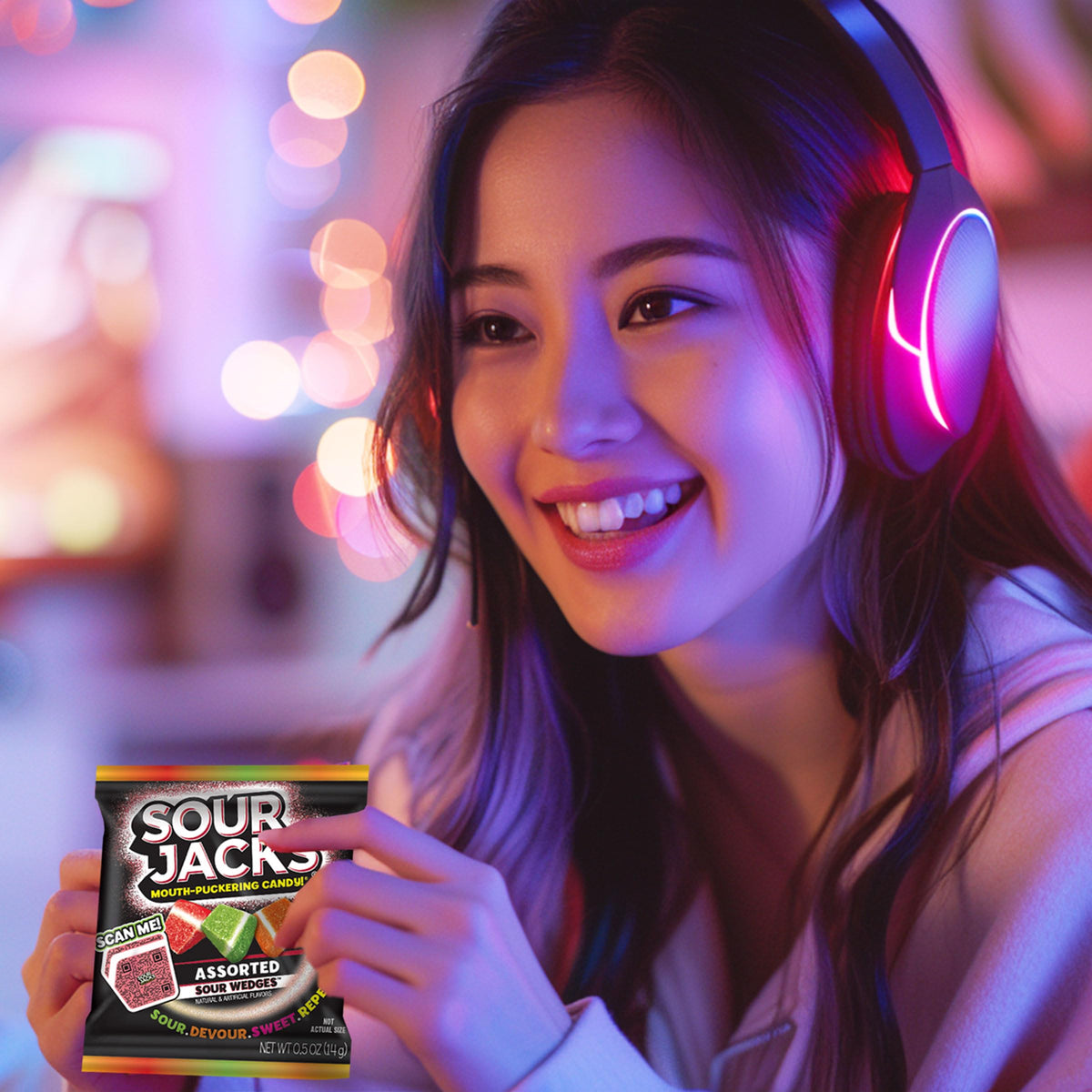 Sour Jacks Pouch close-up emphasizes convenient on-the-go snacking.