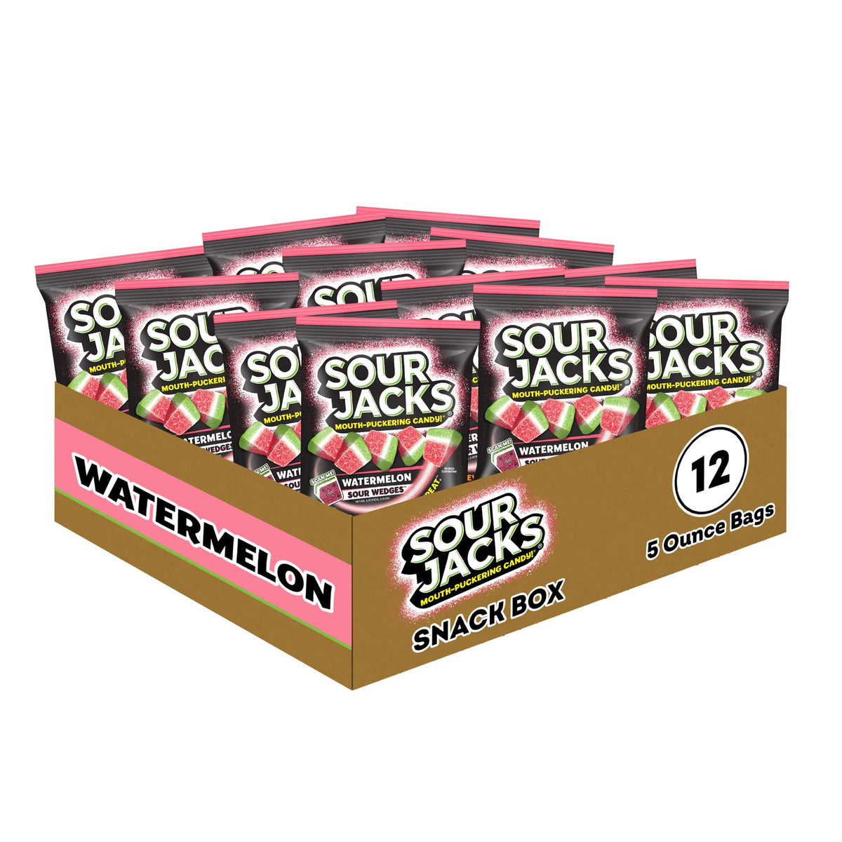 Sour Jacks Watermelon Wedges 12-pack bags for easy sharing and take-anywhere snacking.