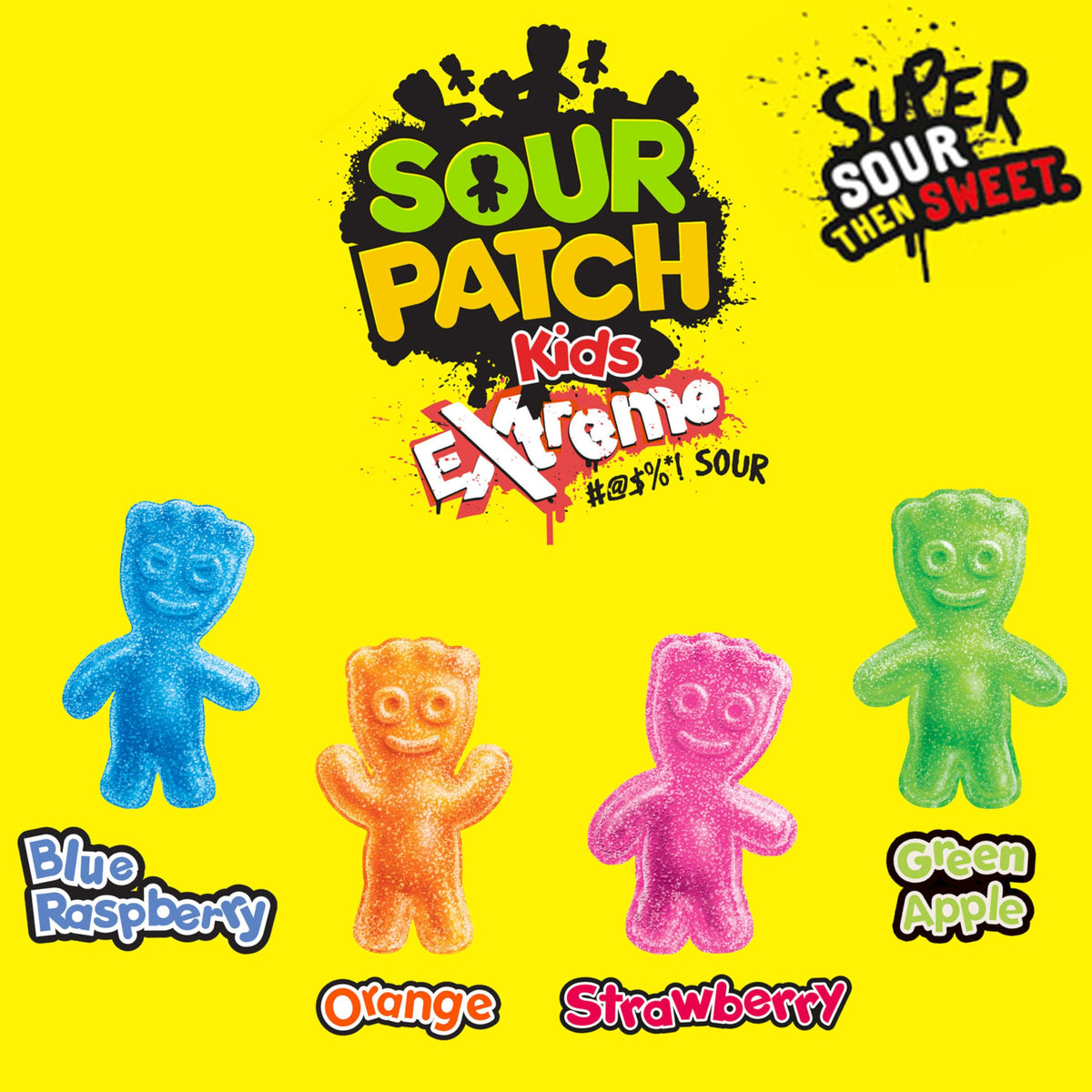 Sour Patch Kids assorted fruit flavors display offers quick tangy snack variety.