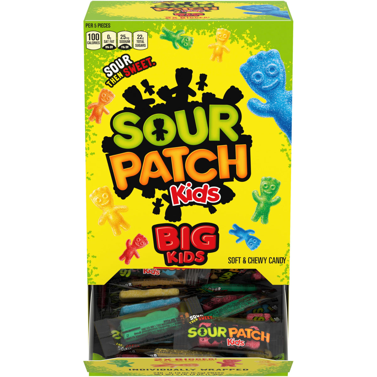 Sour Patch Kids Big Kids box with 240 individually wrapped candies for bulk snacking.