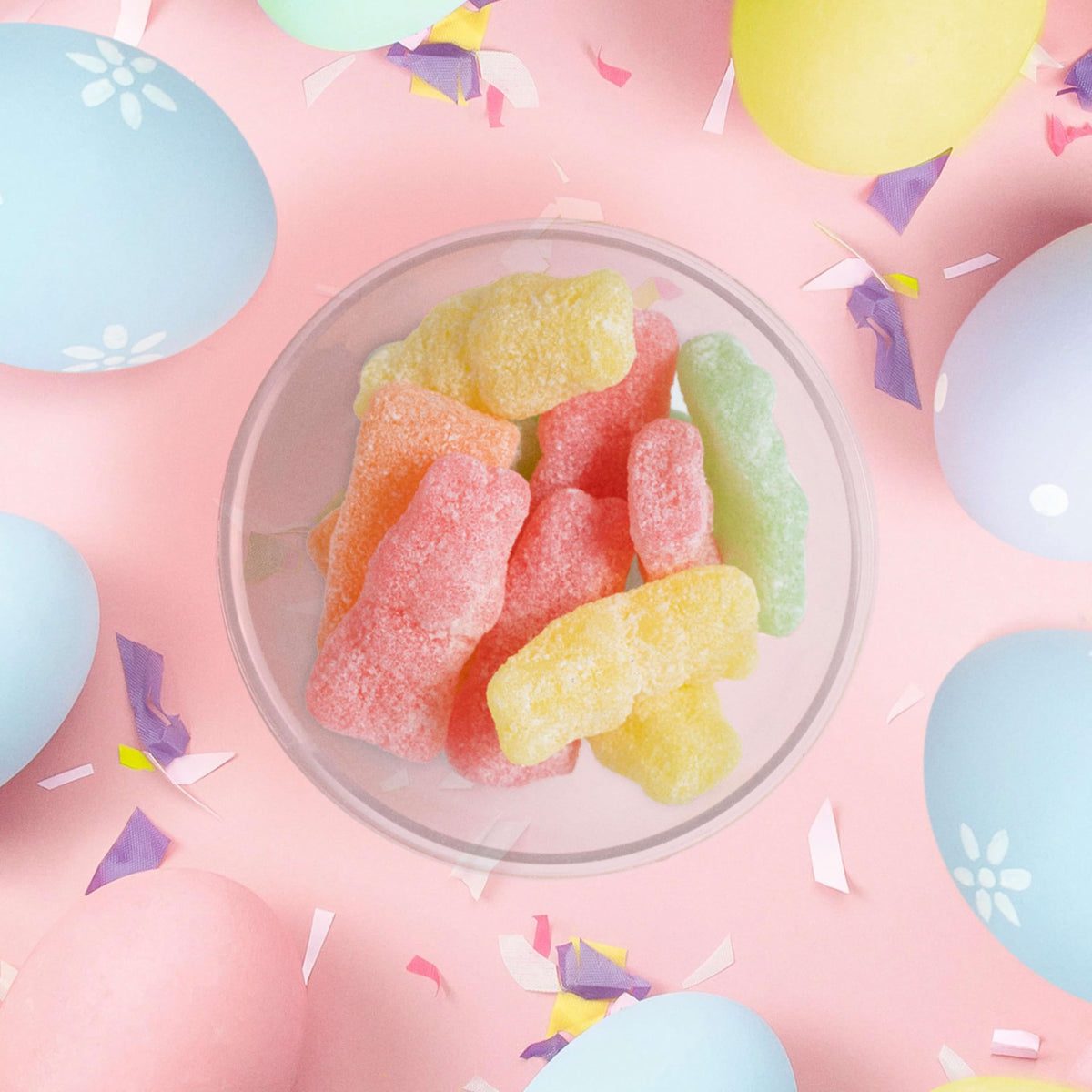 Easter basket filler scene with Sour Patch Kids Bunnies.