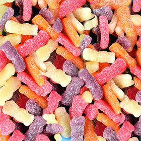 Sour Patch Kids passion fruit closeup shows bright, tangy bite