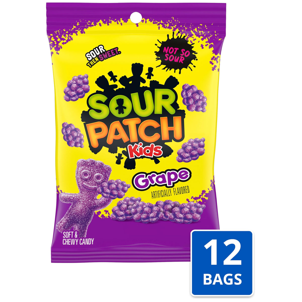 Sour Patch Kids Grape bags displayed on shelf for convenient bulk snacking