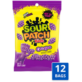 Sour Patch Kids Grape bags displayed on shelf for convenient bulk snacking