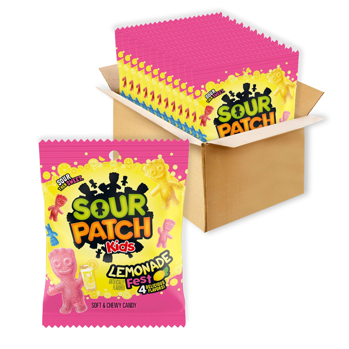 SOUR PATCH KIDS Lemonade Fest bag close-up, four flavors for sharing at parties.